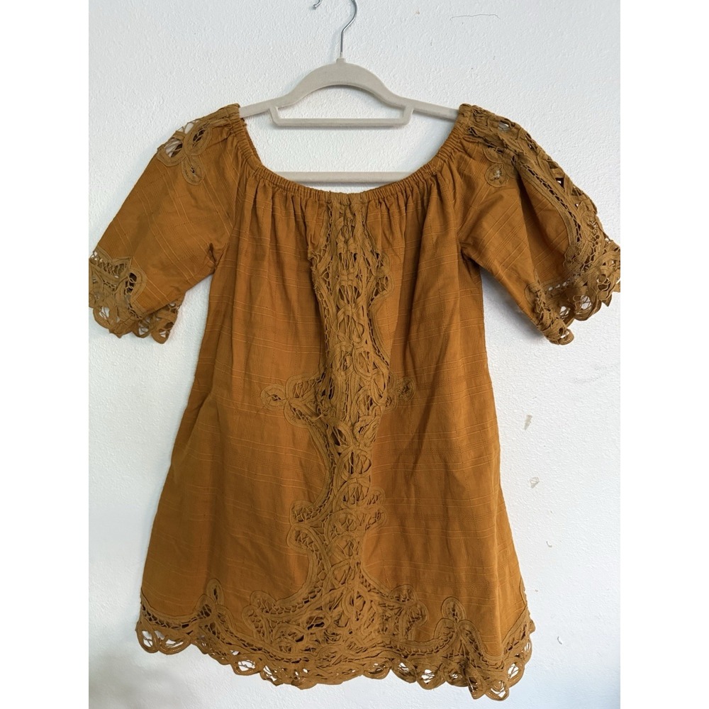 Free People Womens Size S Mustard Yellow Crochet Boho‎ Mini Dress Off Shoulders